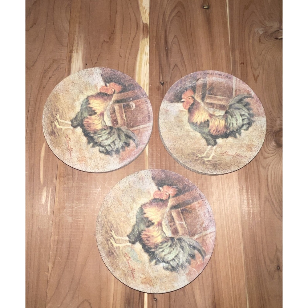 Vtg Set of3 Rooster Stone Coasters Cork Bottom Chauncey Homer 2000 Farmhouse